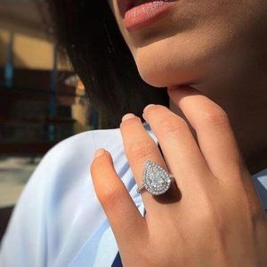 925 SILVER PEAR CUT TEARDROP DIAMOND HALO RING, CUTE RING, SHINY RING.